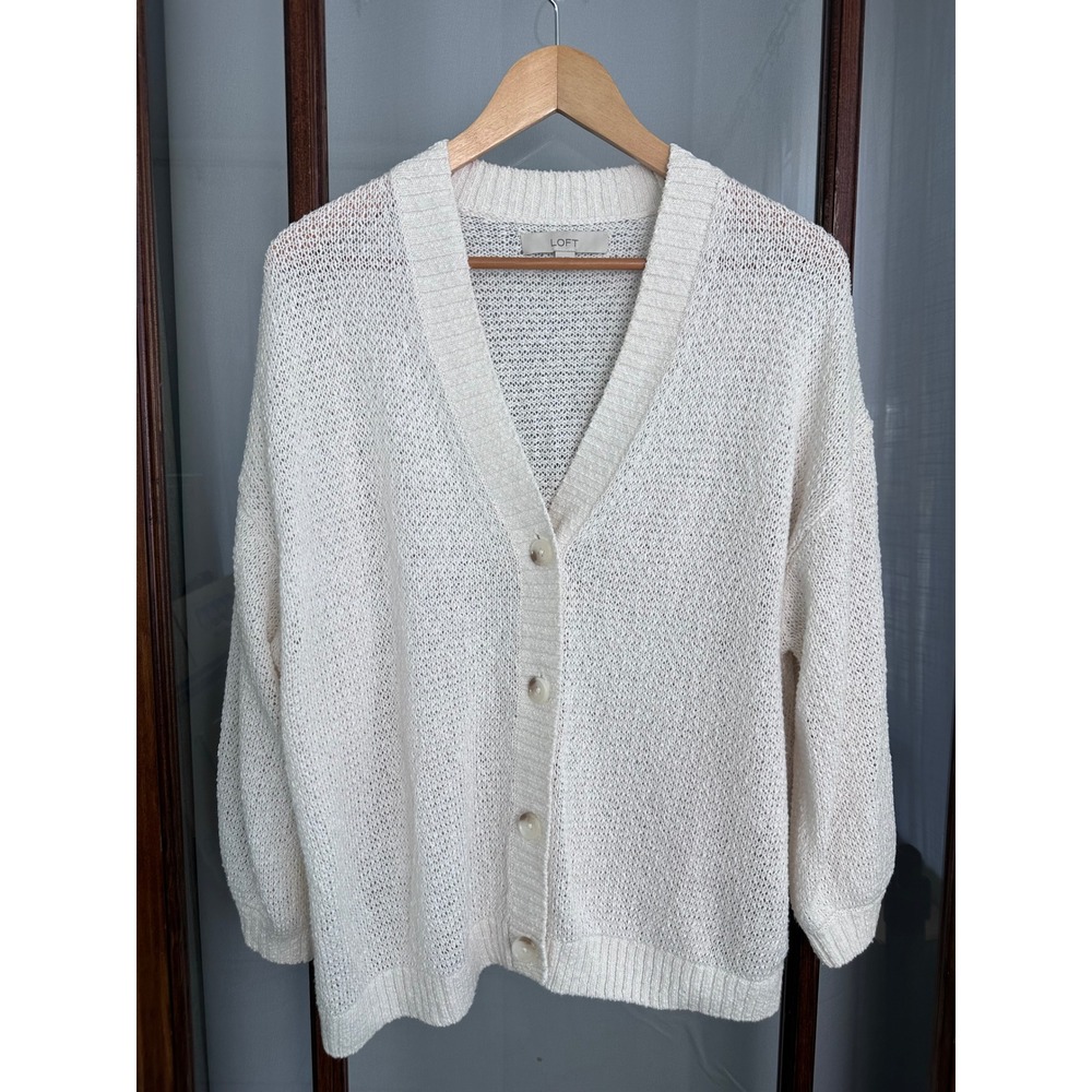 LOFT XXL Cream Open Knit V-Neck Button Front Cardigan Sweater Cotton Blend